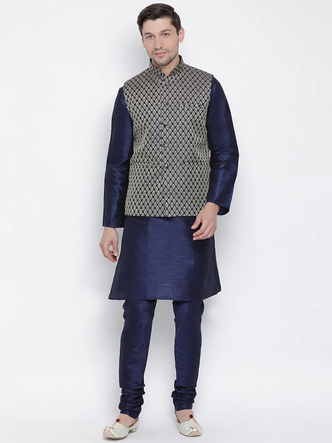Jashvi Men's Dark Blue Cotton Silk Blend Kurta, Ethnic Jacket Style Pyjama Set