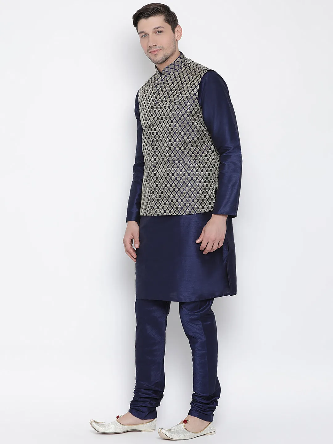 Jashvi Men's Dark Blue Cotton Silk Blend Kurta, Ethnic Jacket Style Pyjama Set
