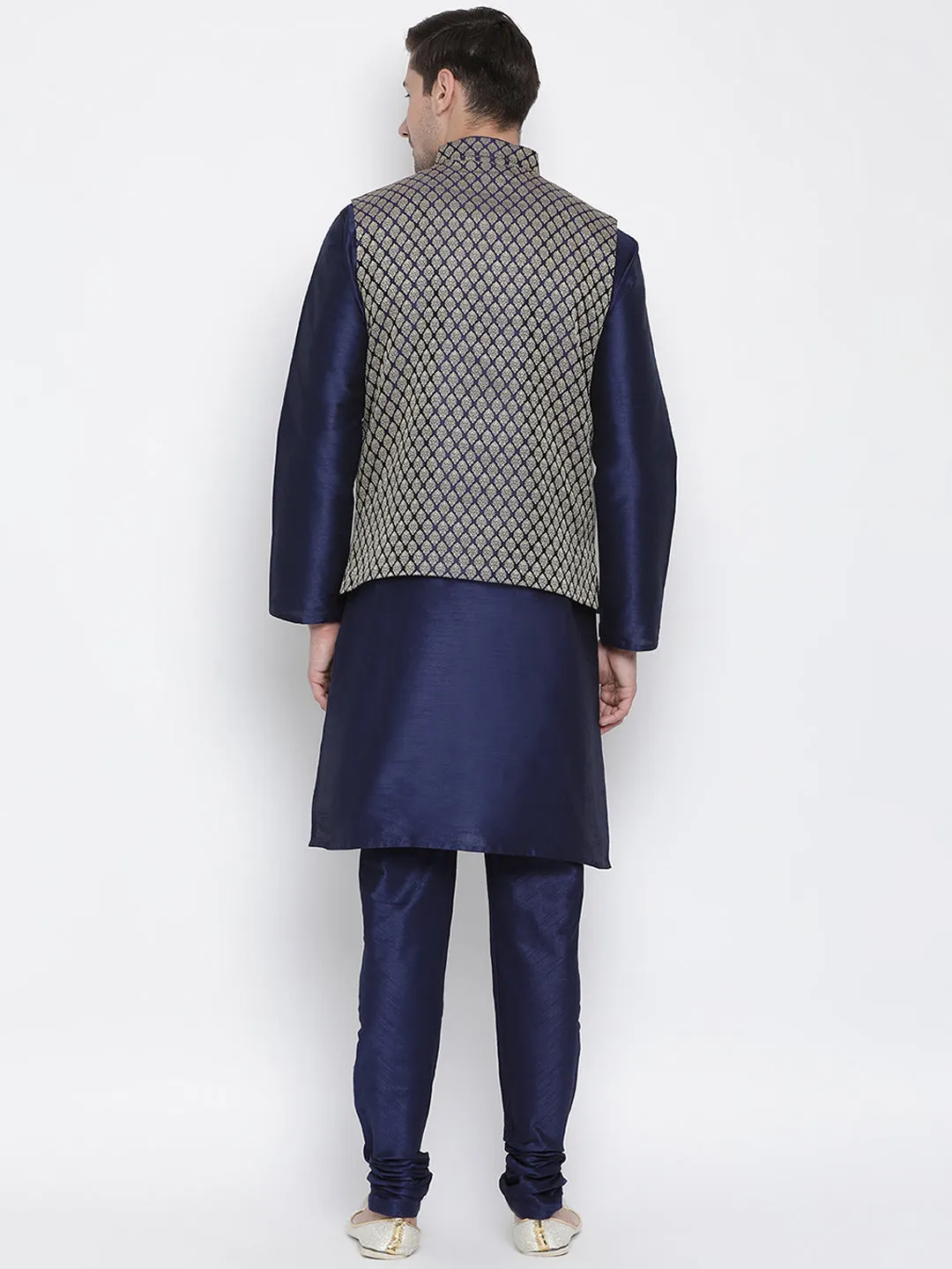 Jashvi Men's Dark Blue Cotton Silk Blend Kurta, Ethnic Jacket Style Pyjama Set