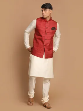 Jashvi Men's Maroon Textured Nehru Jacket With Cream Kurta and Pyjama Set