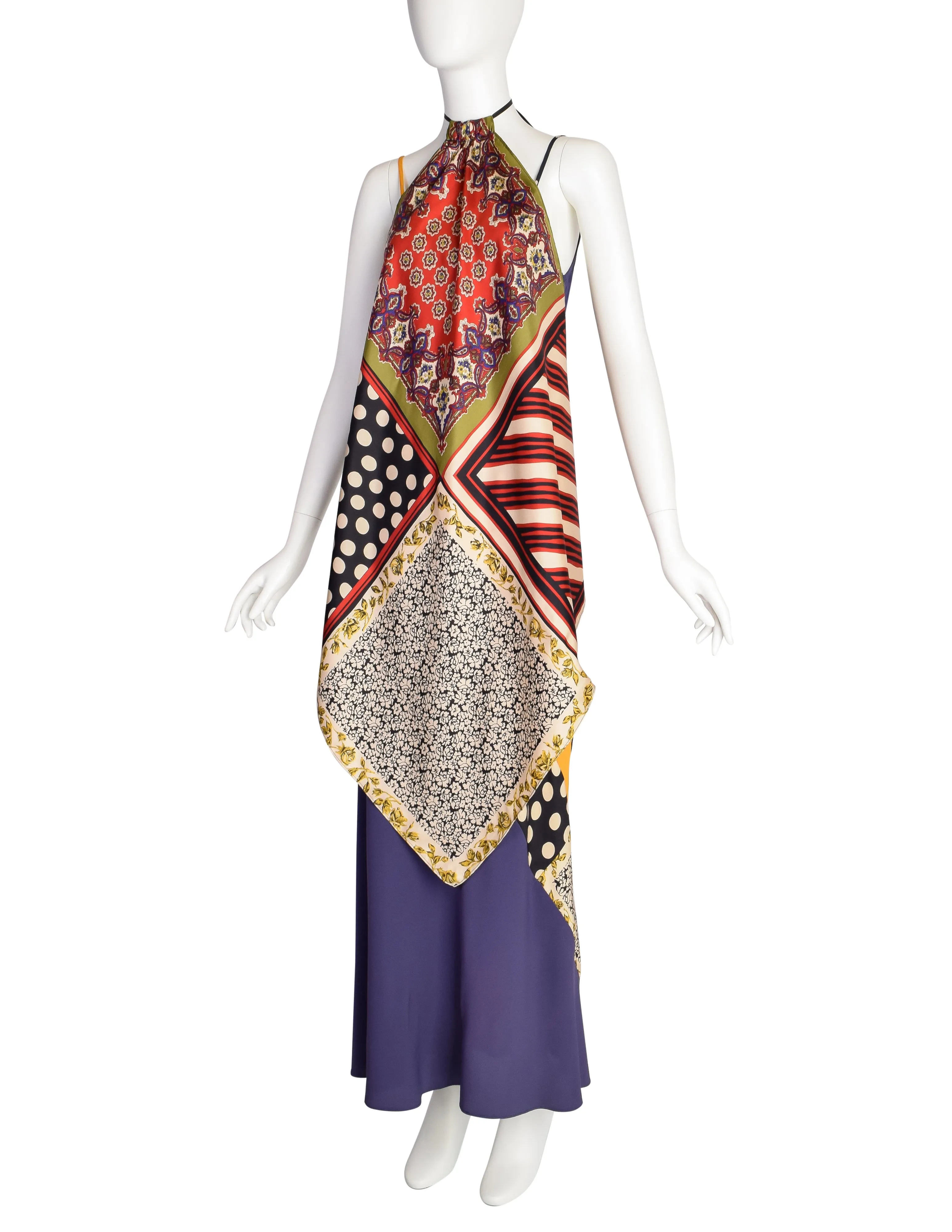 Jean Paul Gaultier Vintage Multicolor Patchwork Patterned Floral Silk Halter Top Jacket and Slip Dress Set