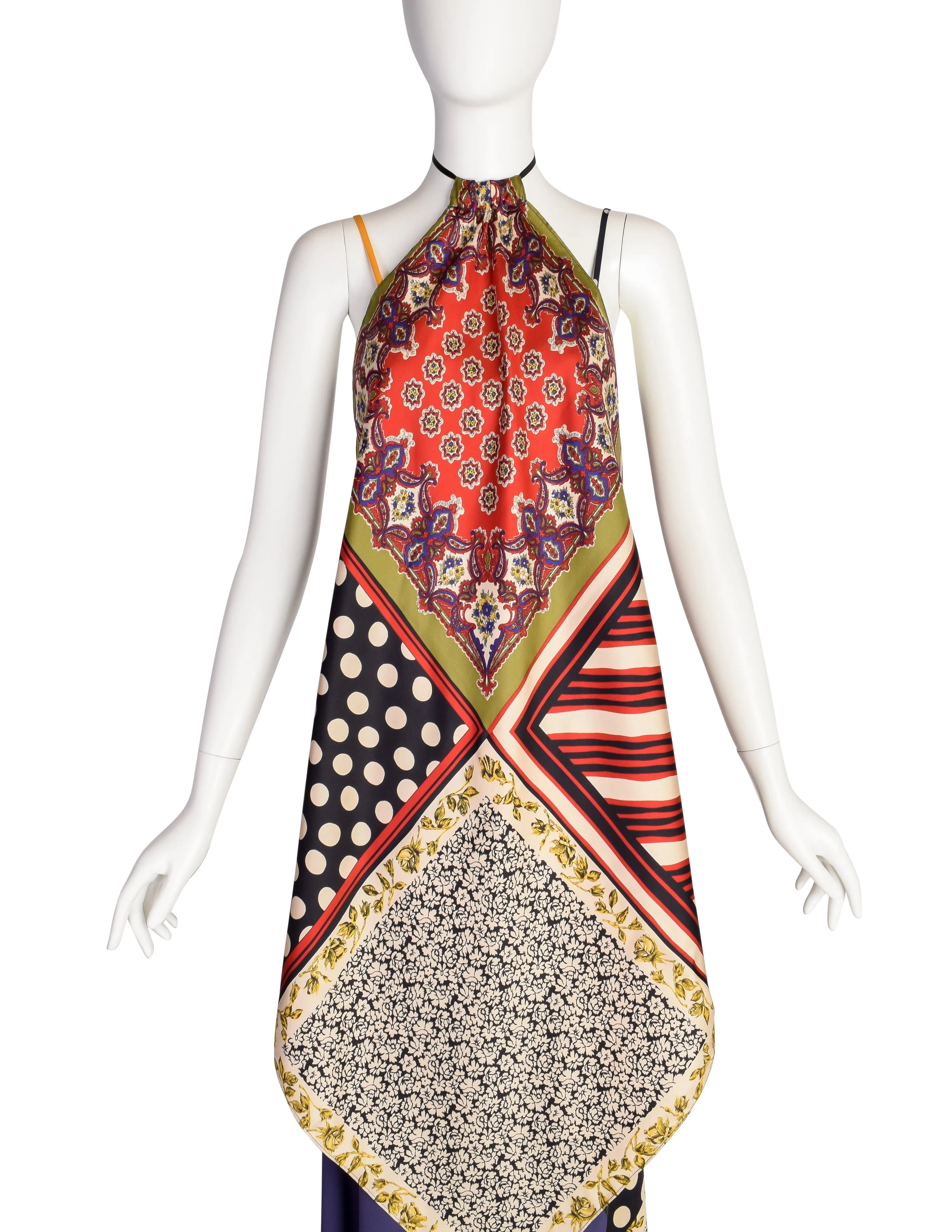 Jean Paul Gaultier Vintage Multicolor Patchwork Patterned Floral Silk Halter Top Jacket and Slip Dress Set
