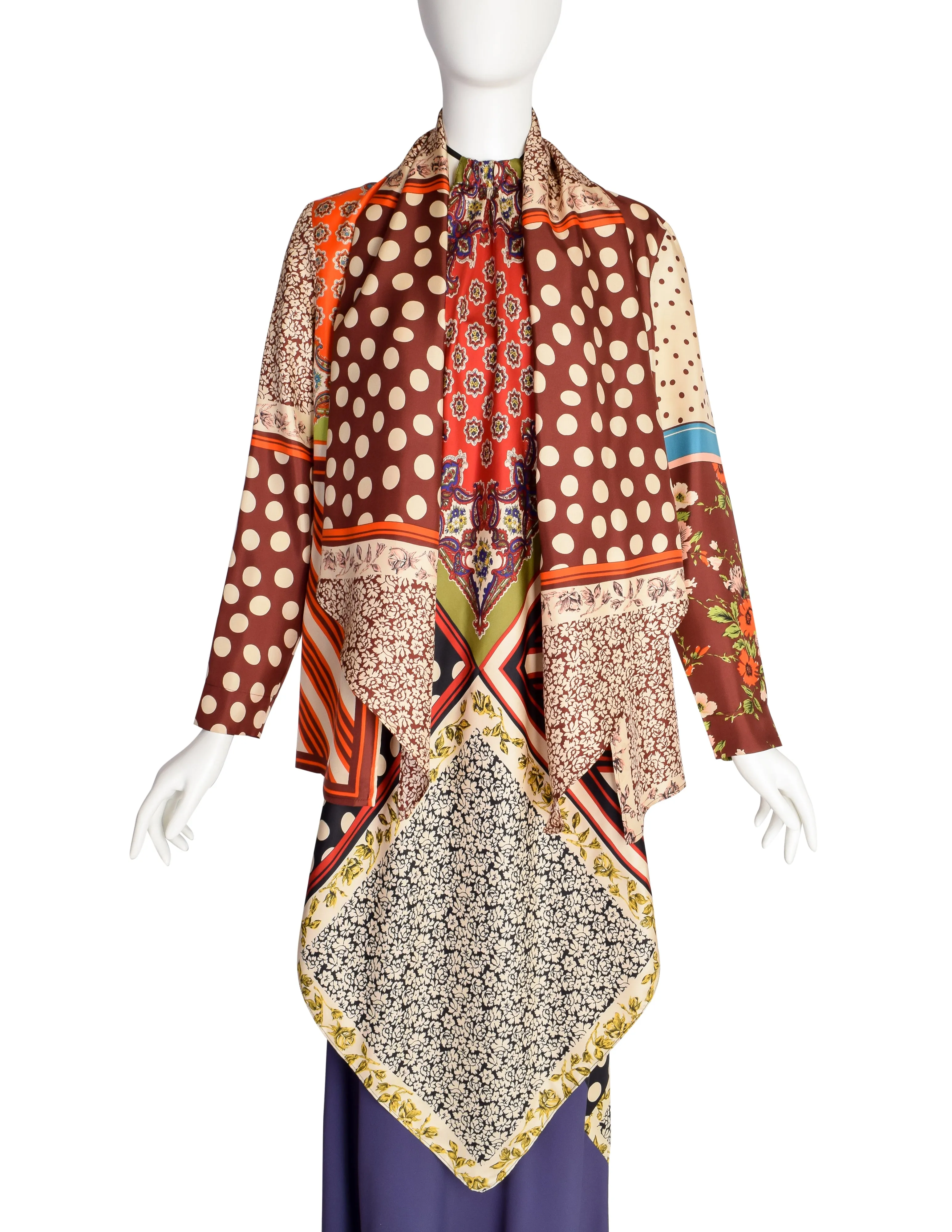 Jean Paul Gaultier Vintage Multicolor Patchwork Patterned Floral Silk Halter Top Jacket and Slip Dress Set