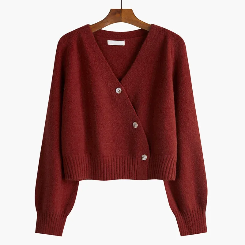 Loose Women Cardigan Sweater Knit Fall Long Sleeve Cute Single Button Crop Sweater  Fashion V Neck All Match Short Jacket