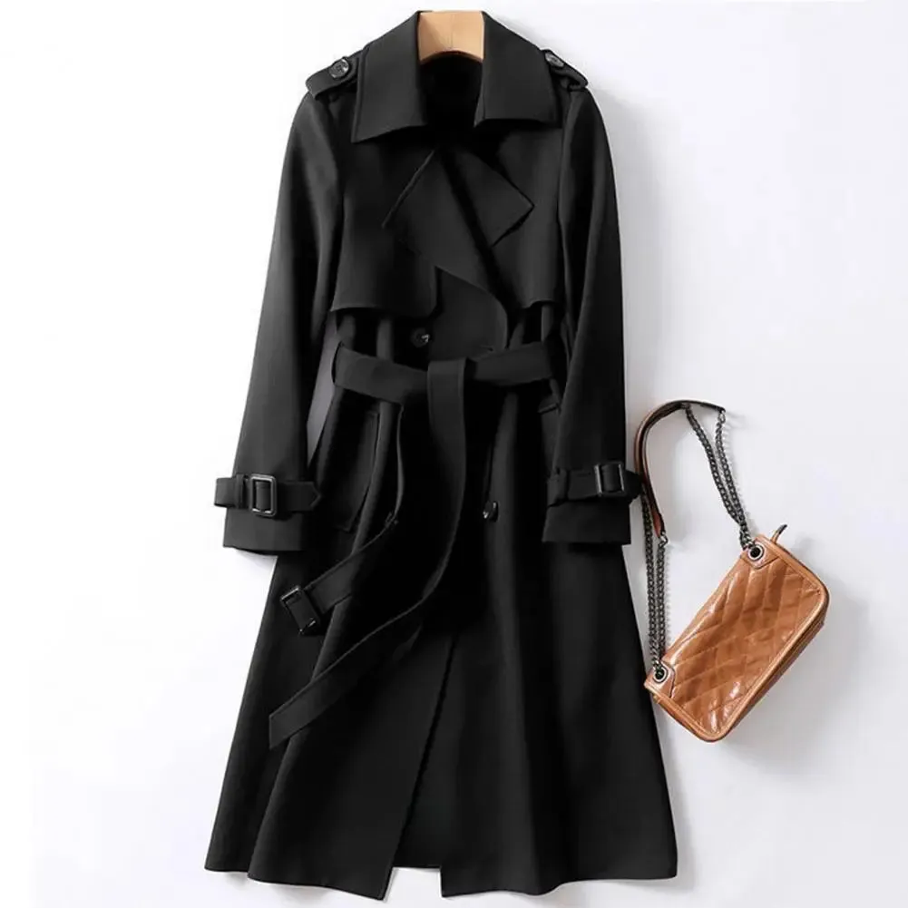 LVSANW Fall Winter Women Jacket Double-breasted Solid Color Turn-down Collar Coat with Belt Lady Mid Length Windproof Outdoor Overcoat