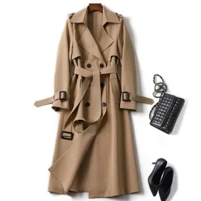 LVSANW Fall Winter Women Jacket Double-breasted Solid Color Turn-down Collar Coat with Belt Lady Mid Length Windproof Outdoor Overcoat