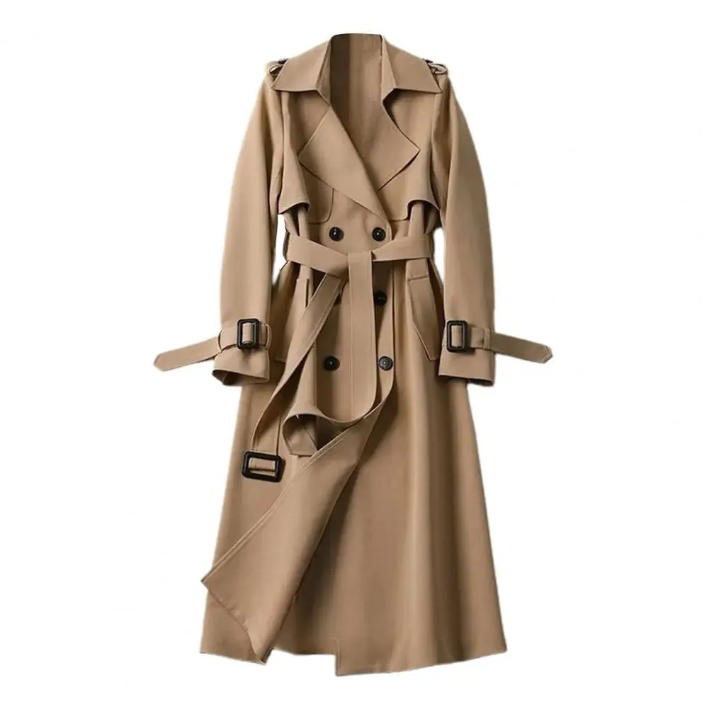 LVSANW Fall Winter Women Jacket Double-breasted Solid Color Turn-down Collar Coat with Belt Lady Mid Length Windproof Outdoor Overcoat