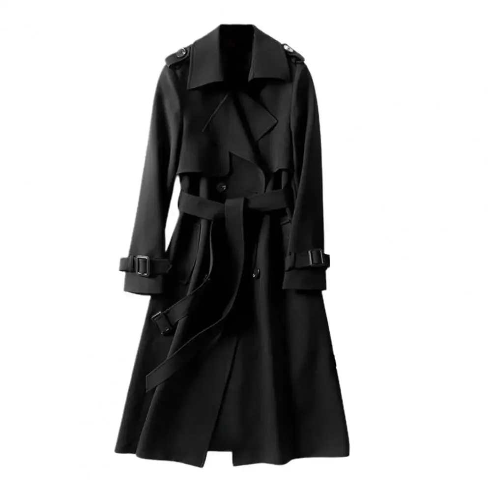 LVSANW Fall Winter Women Jacket Double-breasted Solid Color Turn-down Collar Coat with Belt Lady Mid Length Windproof Outdoor Overcoat