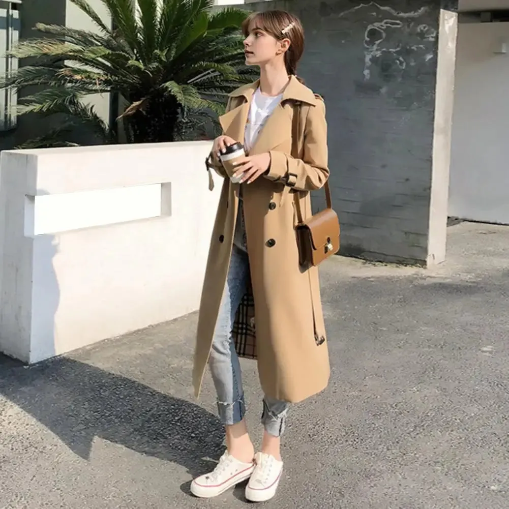 LVSANW Fall Winter Women Jacket Double-breasted Solid Color Turn-down Collar Coat with Belt Lady Mid Length Windproof Outdoor Overcoat