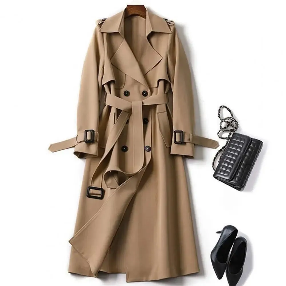 LVSANW Fall Winter Women Jacket Double-breasted Solid Color Turn-down Collar Coat with Belt Lady Mid Length Windproof Outdoor Overcoat