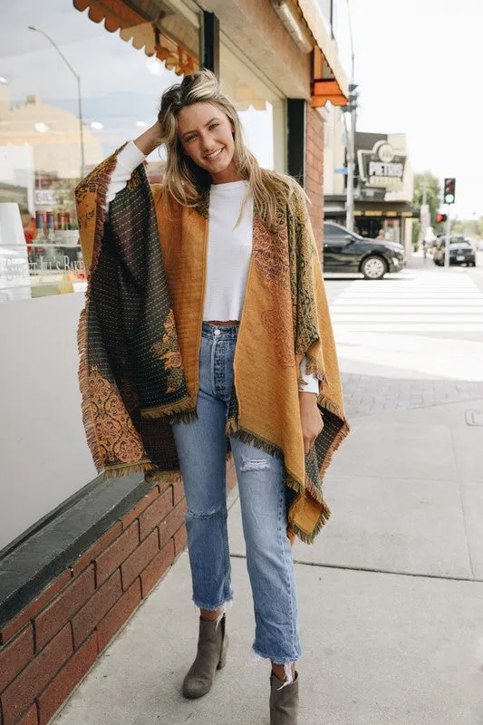 Madora Floral Medallion Boho Ruana Wrap - Mustard