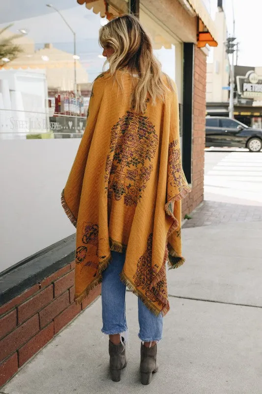 Madora Floral Medallion Boho Ruana Wrap - Mustard