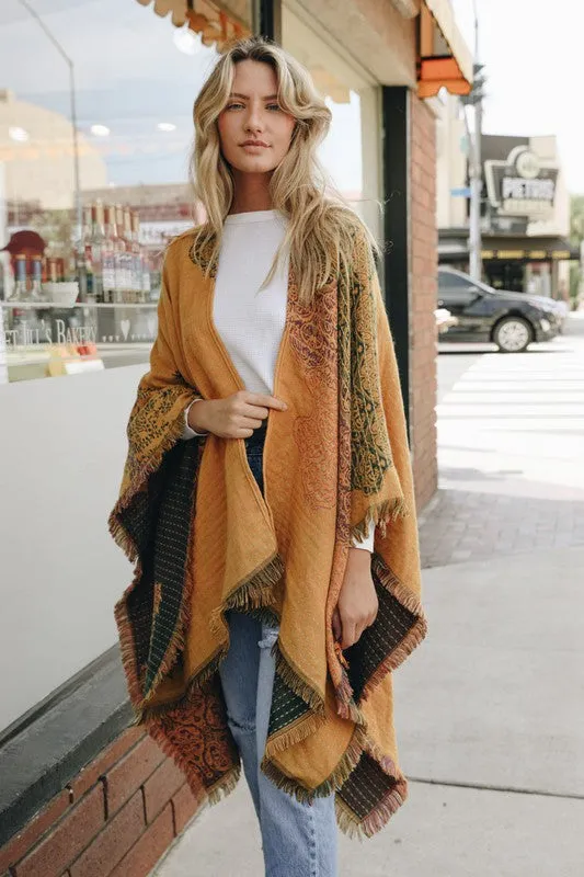 Madora Floral Medallion Boho Ruana Wrap - Mustard