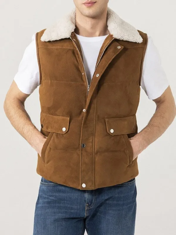MENS SHEARLING COLLAR SUEDE LEATHER VEST