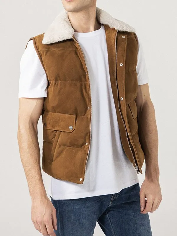 MENS SHEARLING COLLAR SUEDE LEATHER VEST