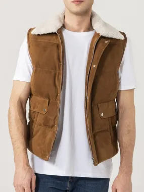 MENS SHEARLING COLLAR SUEDE LEATHER VEST
