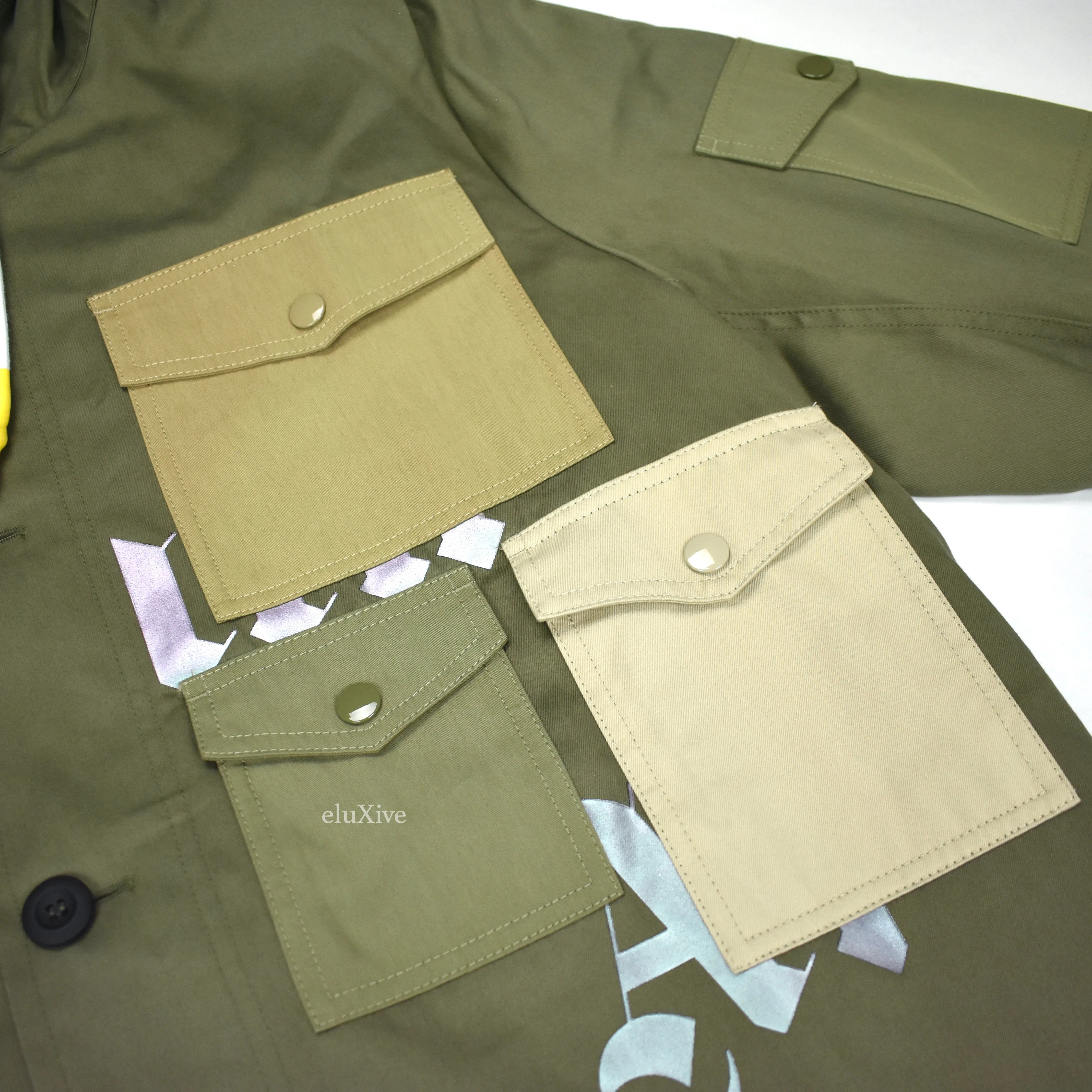 Palm Angels - Olive Twill Patch Pocket Iridescent Logo Trench Coat
