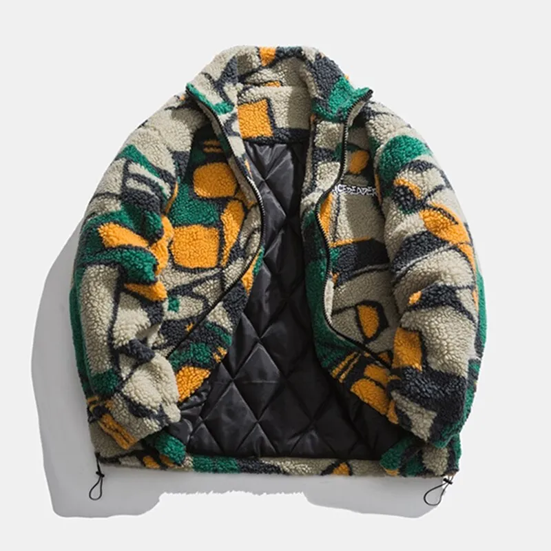 Patched Colors Men Fleece Unisex Jacket 2023 Winter Embroidery Letters Mens Quilted Zip Up Thick Coat