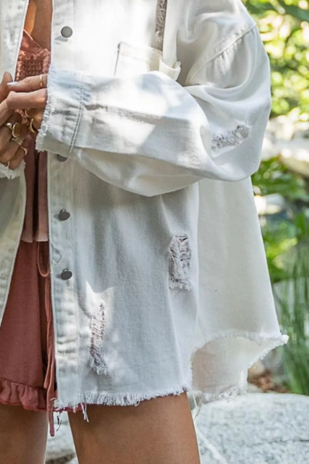 POL Button Down Raw Hem Distressed Shacket Ships 2-5 days