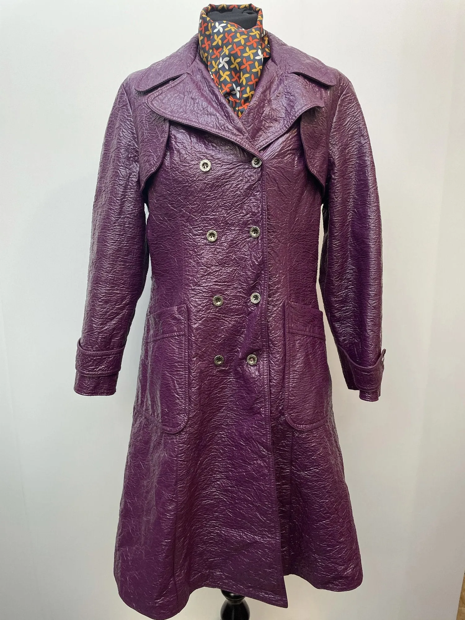 Rare 60s 70s Vinyl Double Breasted Trench Coat - Size 12