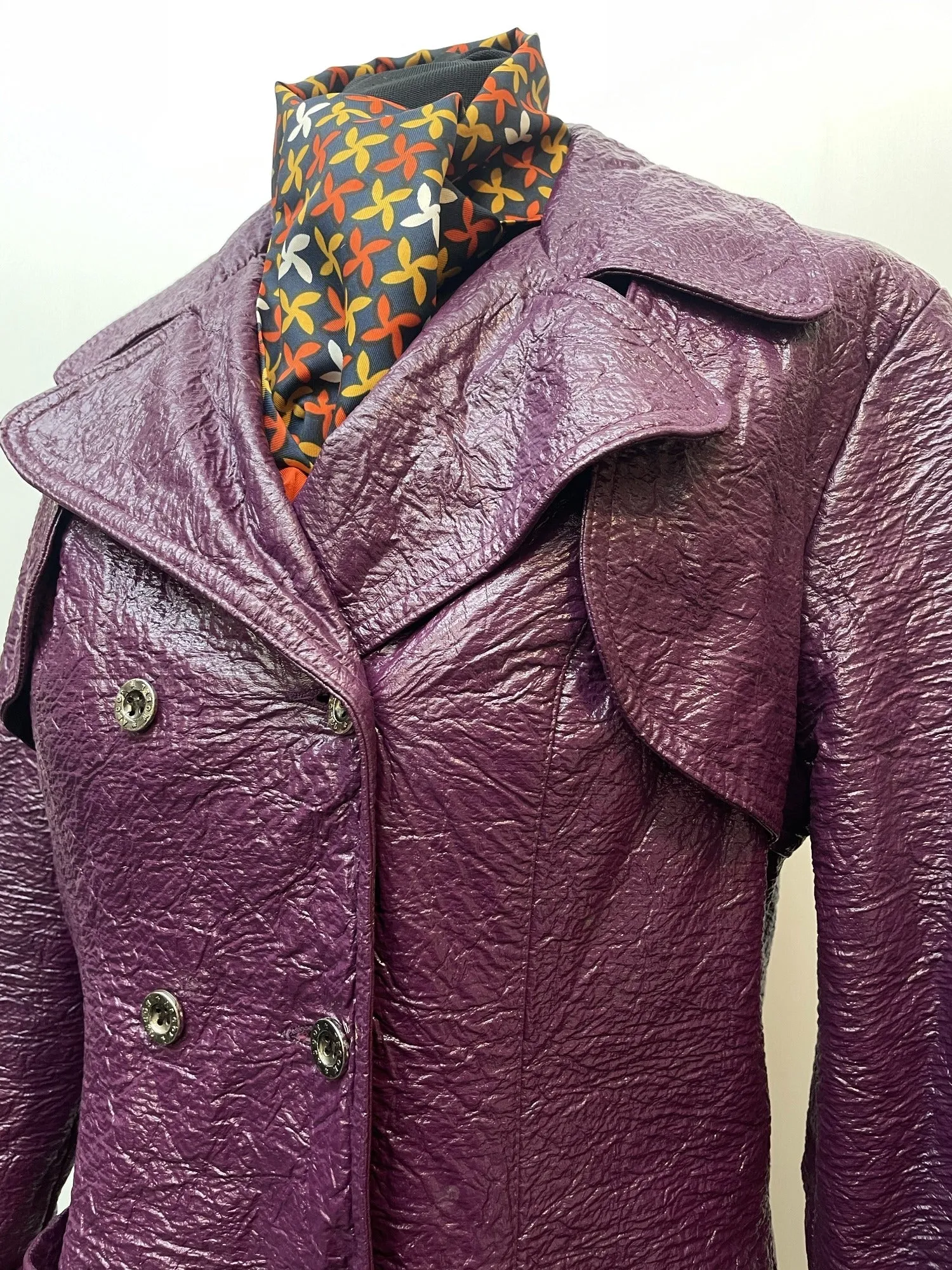 Rare 60s 70s Vinyl Double Breasted Trench Coat - Size 12