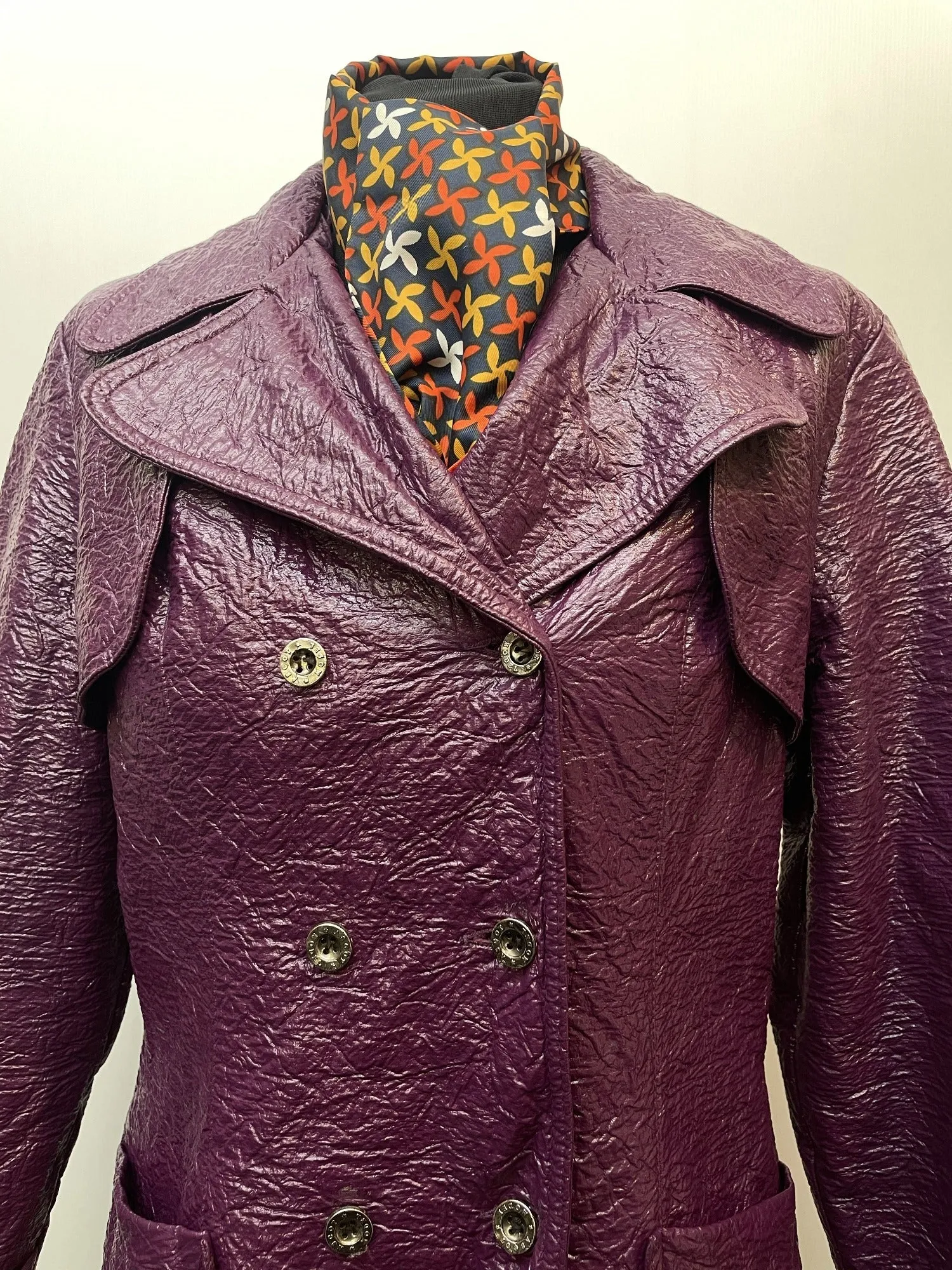 Rare 60s 70s Vinyl Double Breasted Trench Coat - Size 12