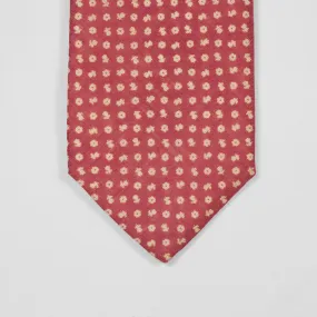 Rhubarb linen tie, white hand-printed flower motifs, self-tipped