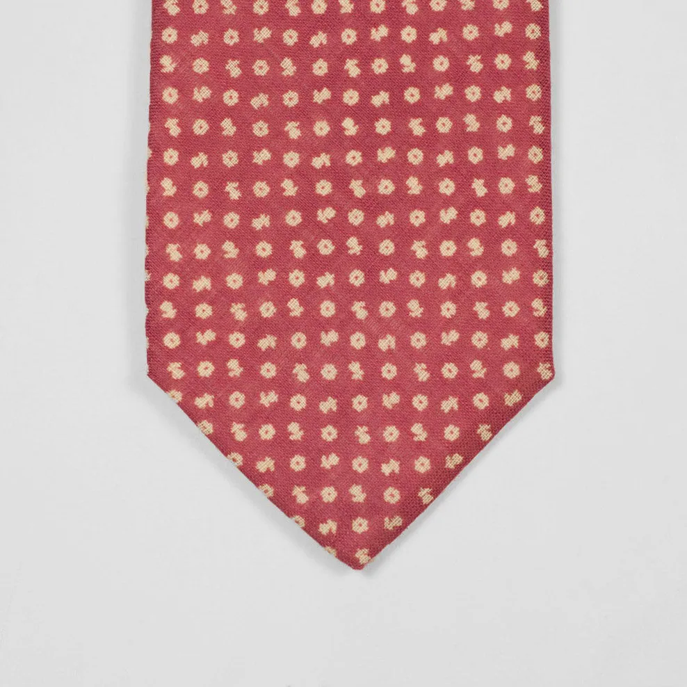 Rhubarb linen tie, white hand-printed flower motifs, self-tipped