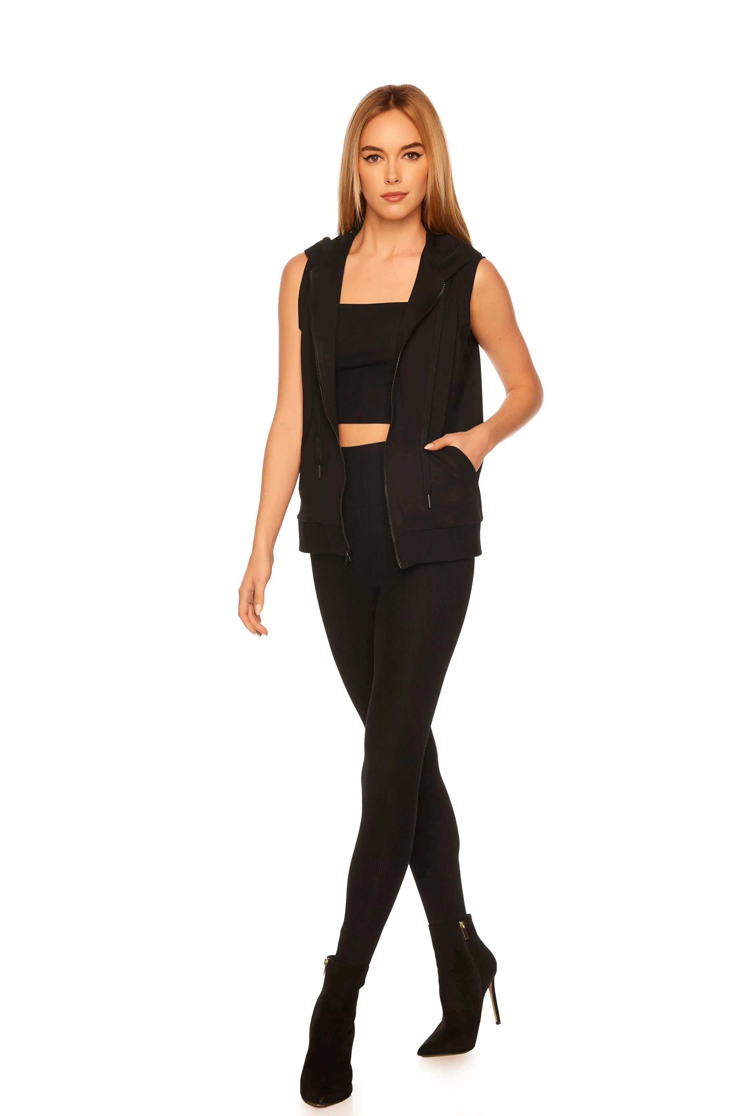 rib trim vest hoodie