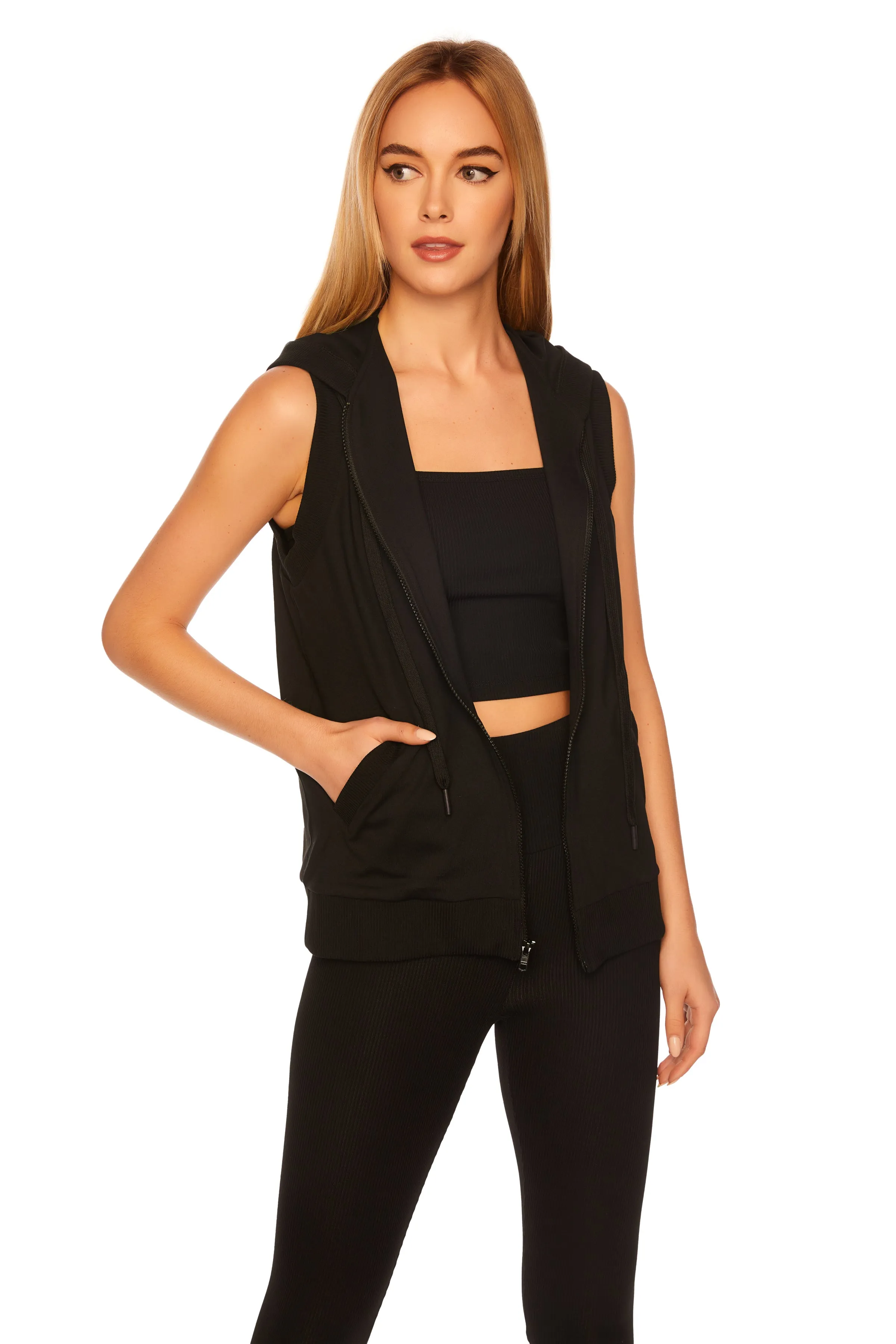 rib trim vest hoodie