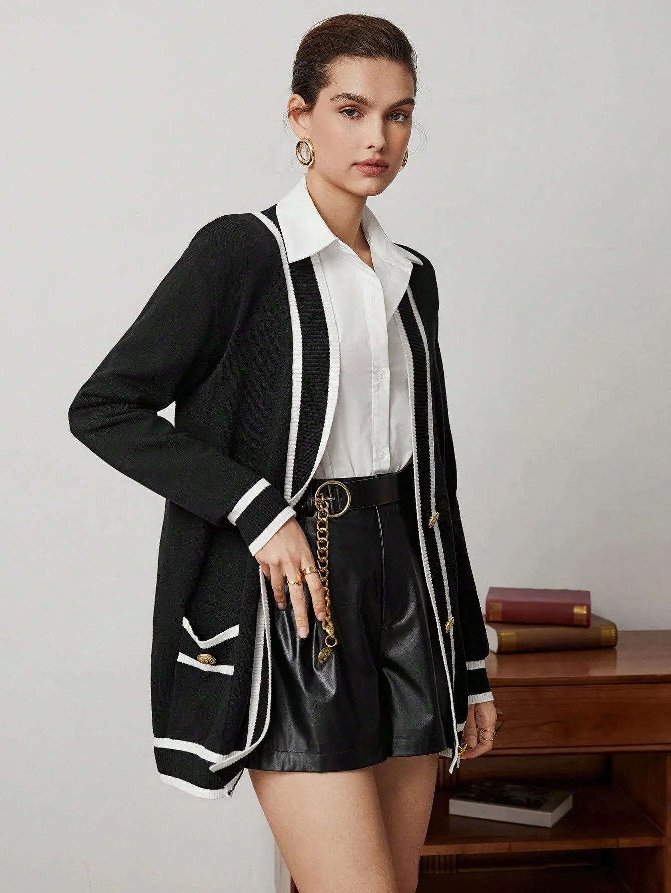 SHEIN BIZwear Women's Color Block Rolled Edge Button Up Cardigan Fall Women Outfits