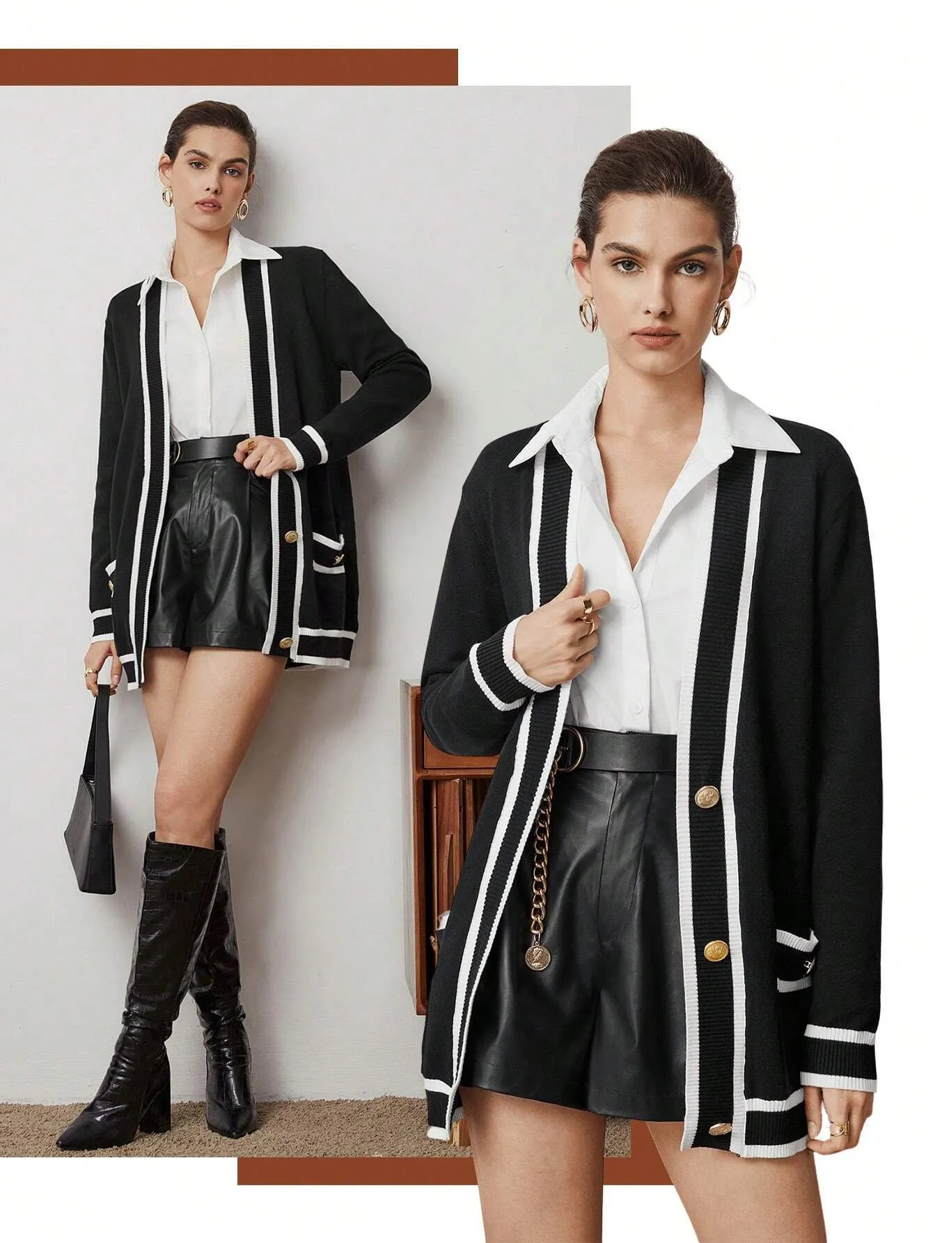 SHEIN BIZwear Women's Color Block Rolled Edge Button Up Cardigan Fall Women Outfits