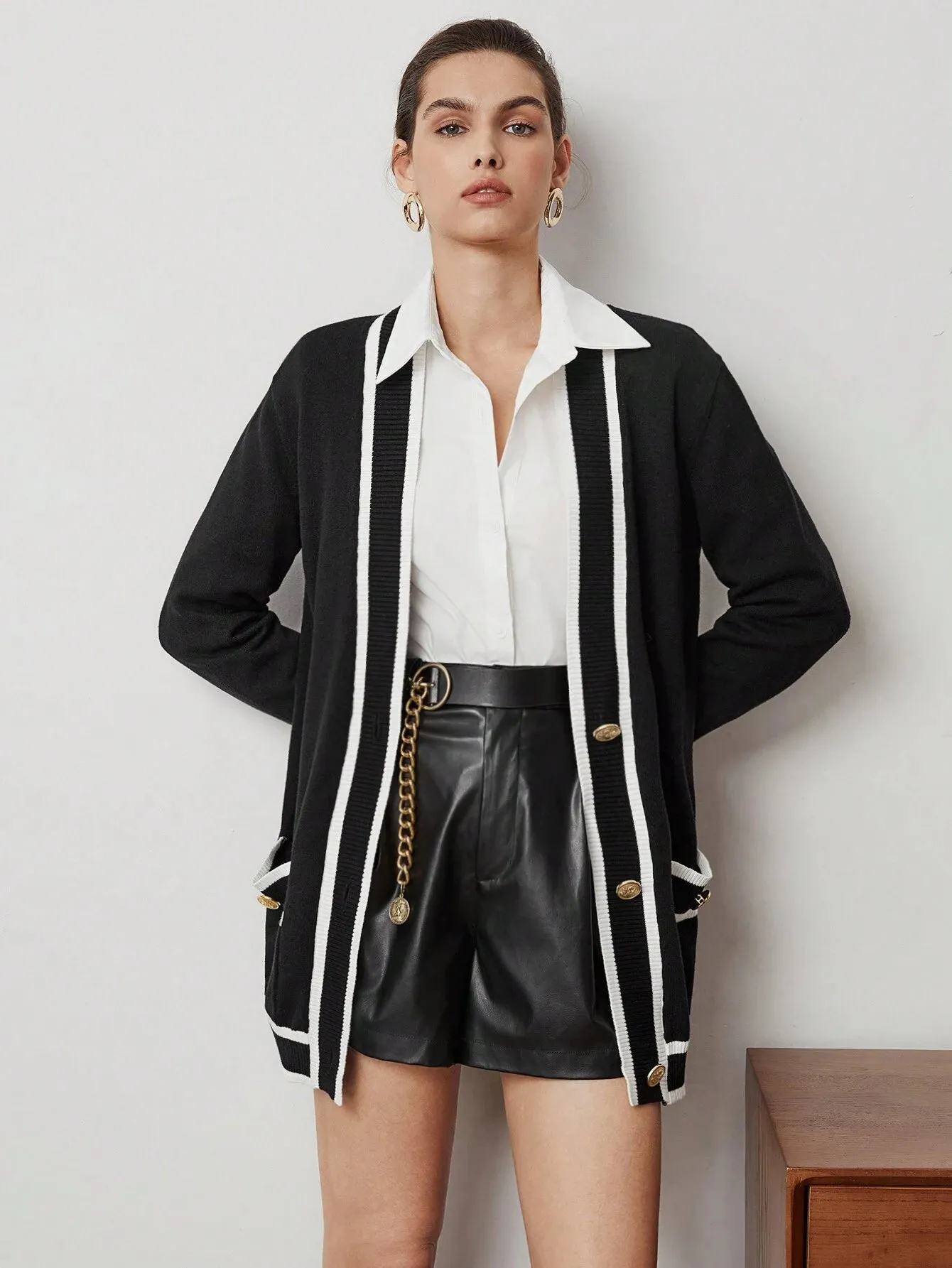 SHEIN BIZwear Women's Color Block Rolled Edge Button Up Cardigan Fall Women Outfits
