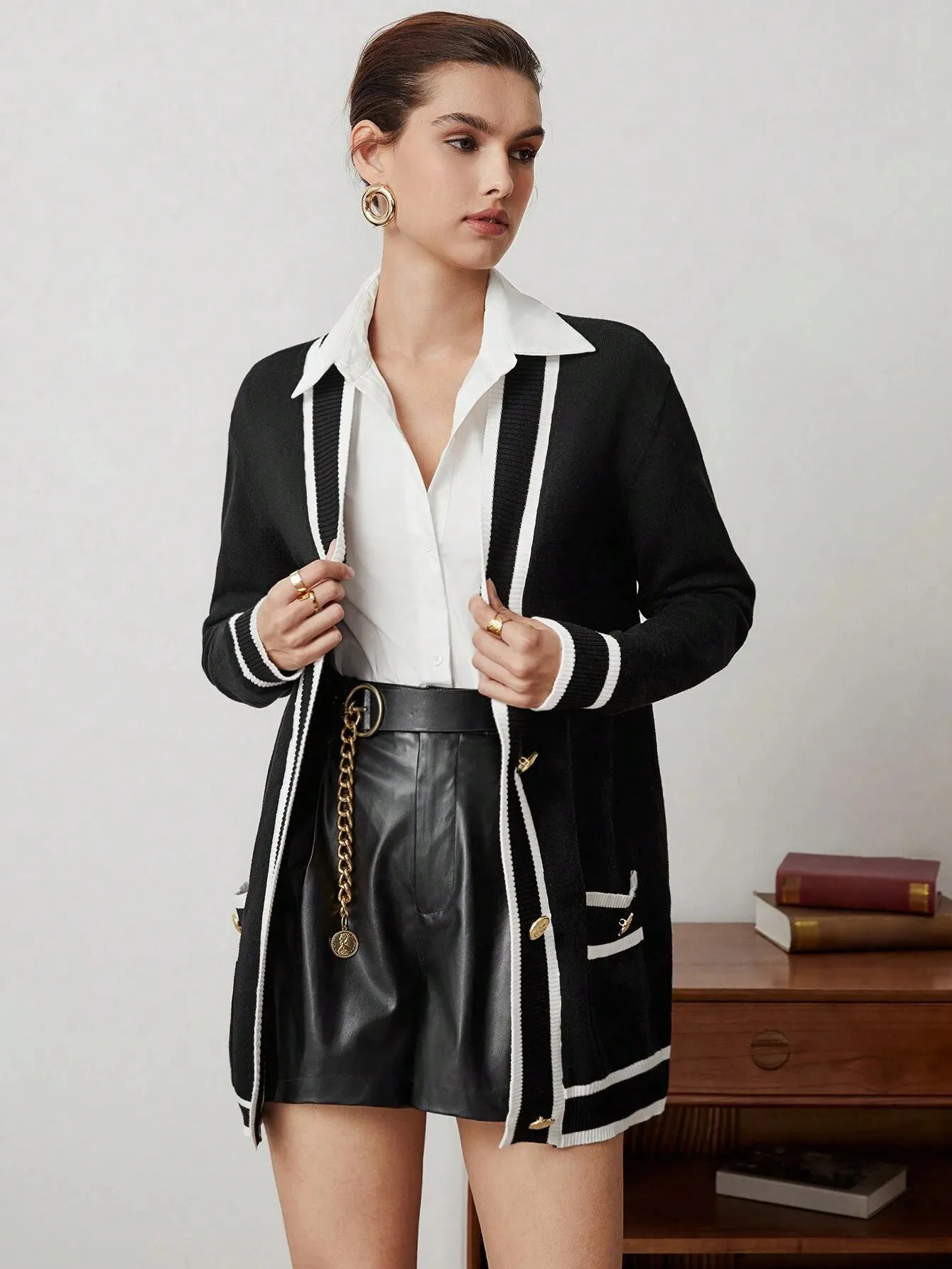 SHEIN BIZwear Women's Color Block Rolled Edge Button Up Cardigan Fall Women Outfits