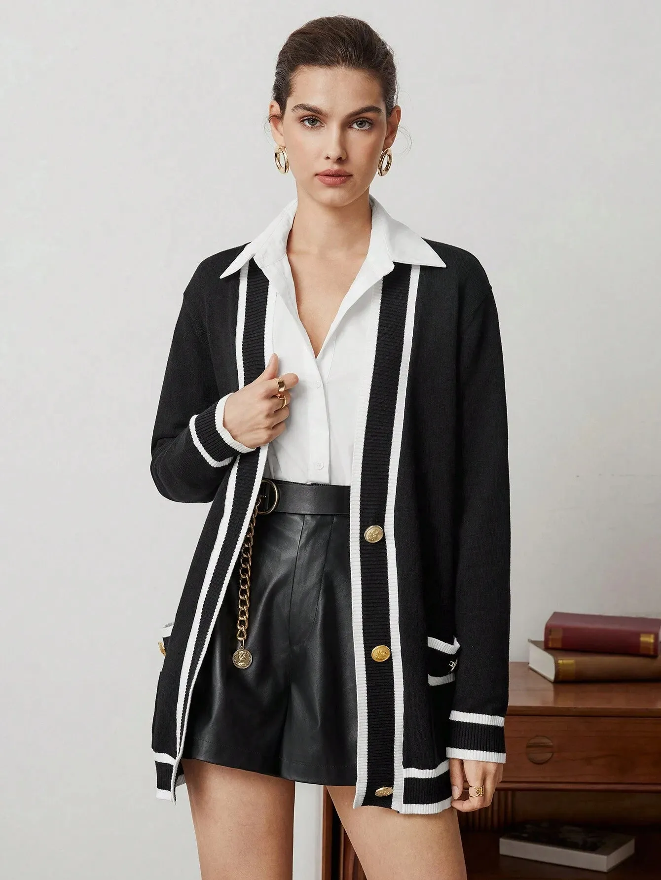 SHEIN BIZwear Women's Color Block Rolled Edge Button Up Cardigan Fall Women Outfits