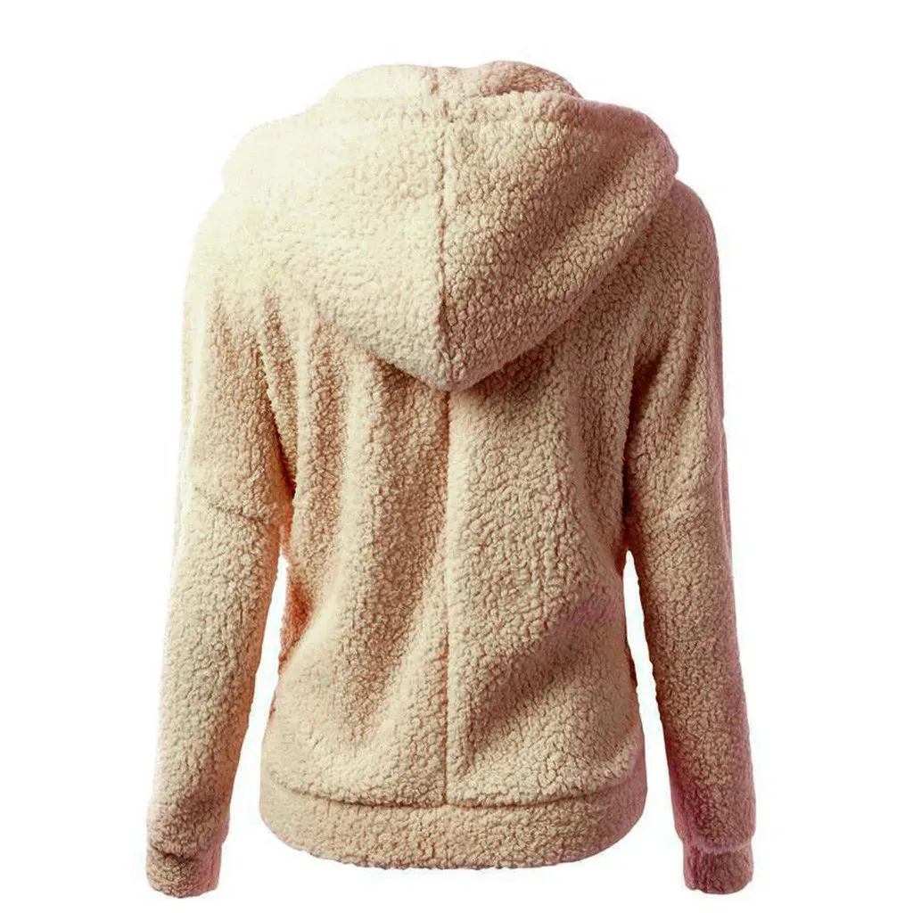 Soft Winter Hooded Overcoat for Women – Korean Style Warm Fleece Padded Jacket with Zipper – Casual Thick Autumn Outerwear