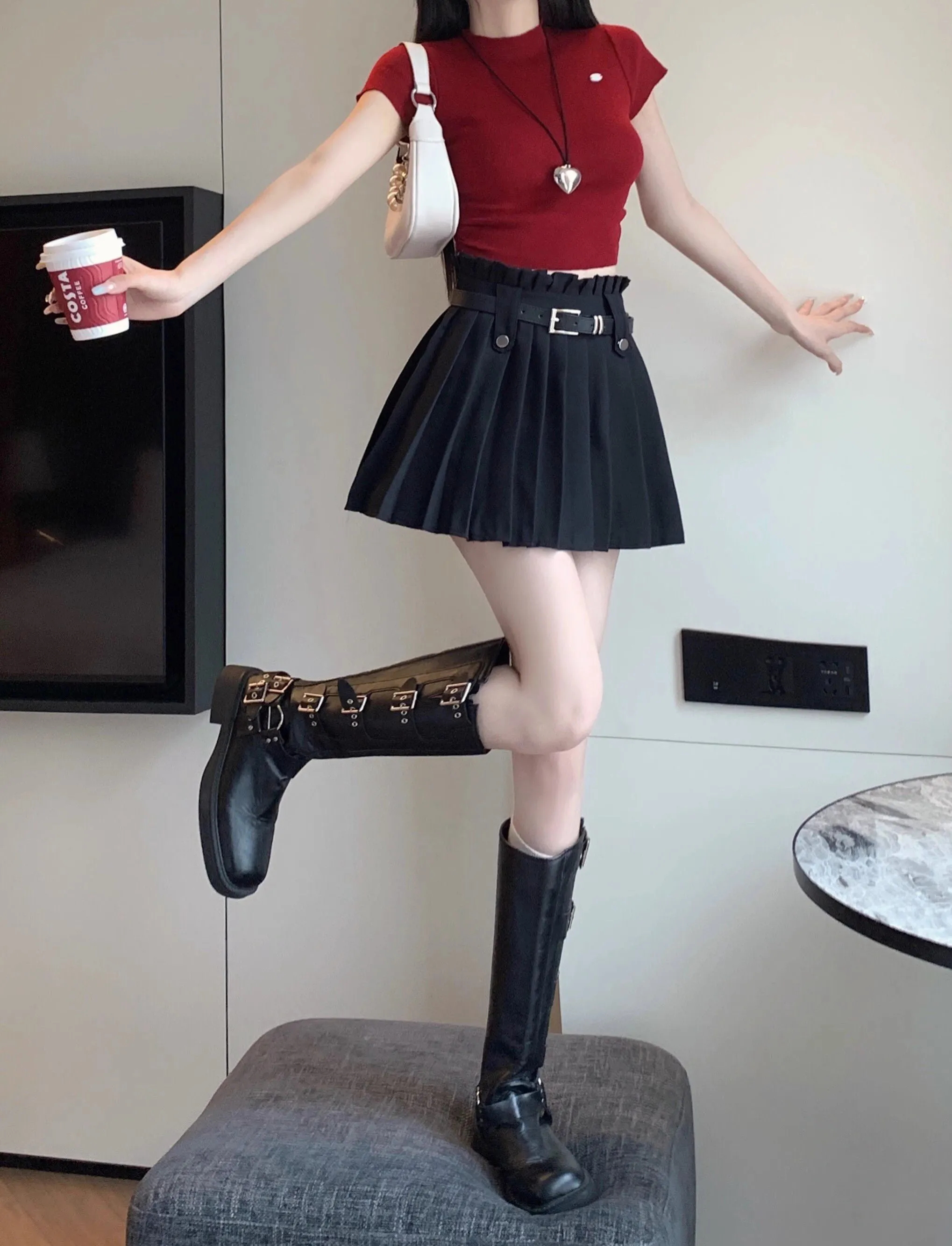 Sports Cheerleading JK Slimming A line Pleated Golf Tennis Half Body Skirt With Belt