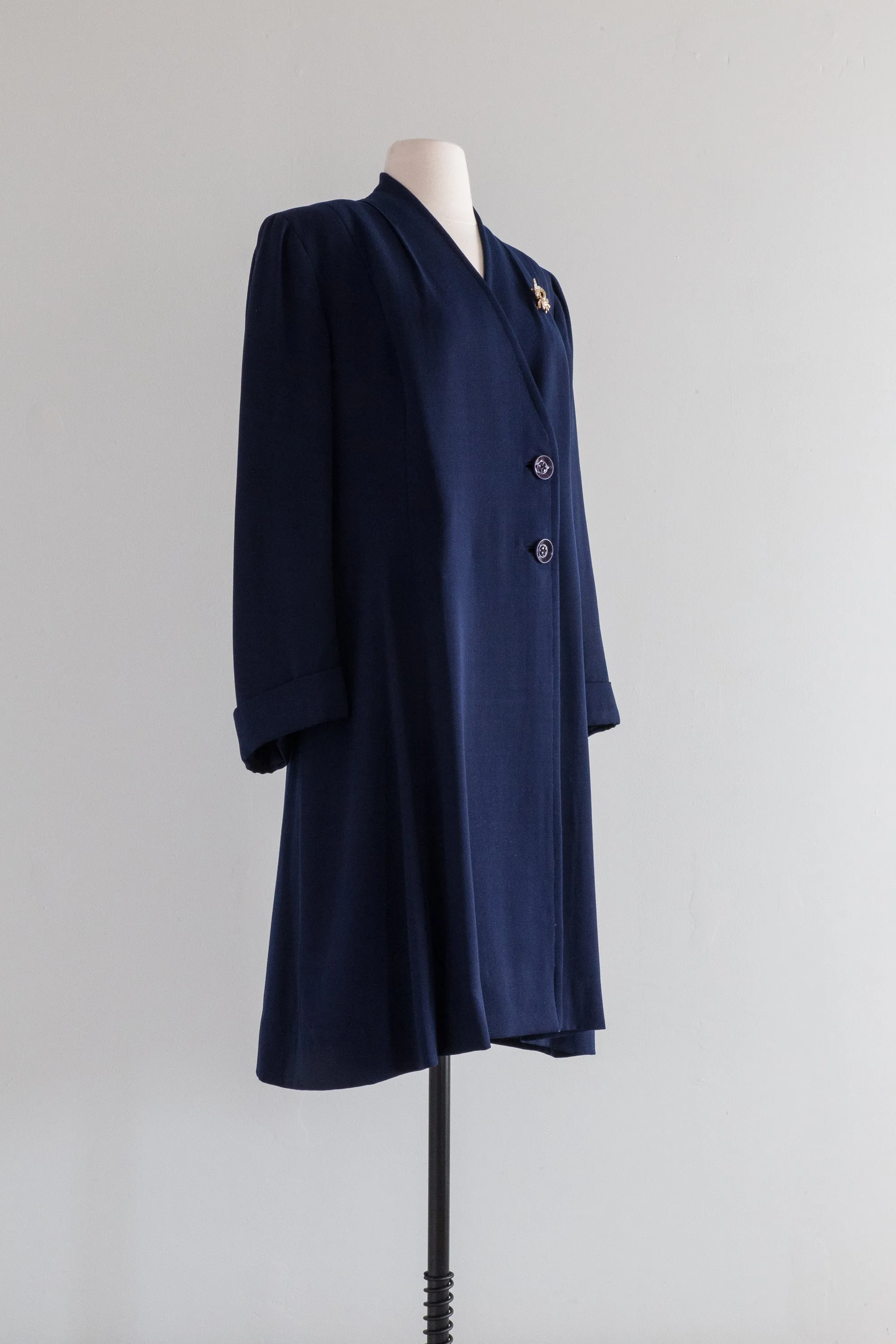 Tailored 1940's Navy Blue Wool Gabardine Princess Coat / ML