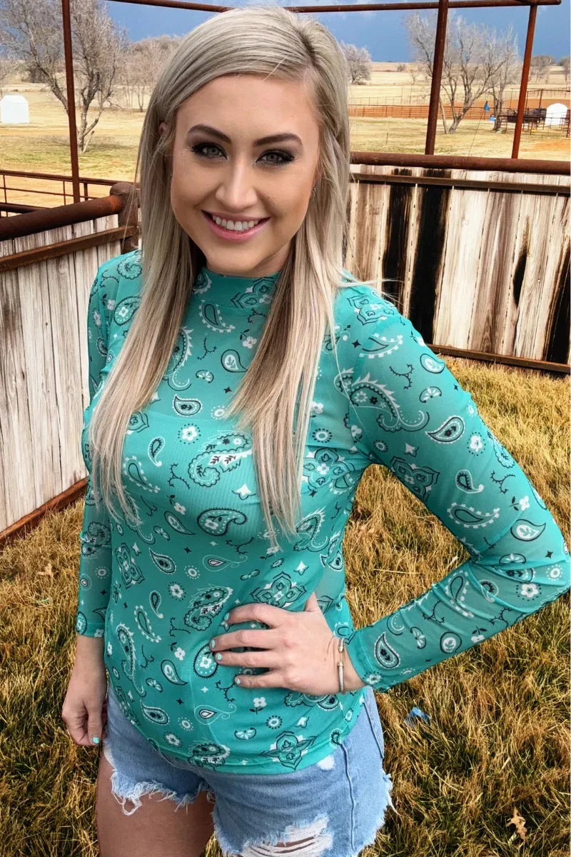 The Bandana Babe Mesh Top – Turquoise Long Sleeve