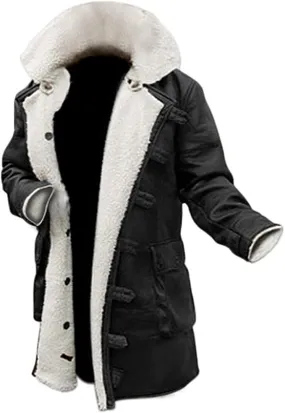 Tom Dark Knight Rises Bane Fur Shearling Black Trench Leather Jacket Pea Coat