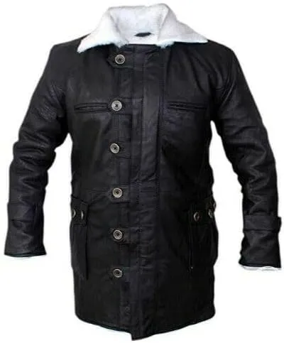 Tom Dark Knight Rises Bane Fur Shearling Black Trench Leather Jacket Pea Coat