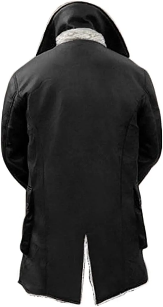 Tom Dark Knight Rises Bane Fur Shearling Black Trench Leather Jacket Pea Coat