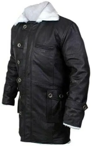 Tom Dark Knight Rises Bane Fur Shearling Black Trench Leather Jacket Pea Coat