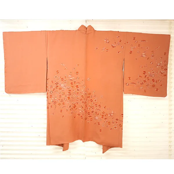 Vintage Haori Kimono Jacket Silk, Dusty Pink base, Lucky Treasure Symbols