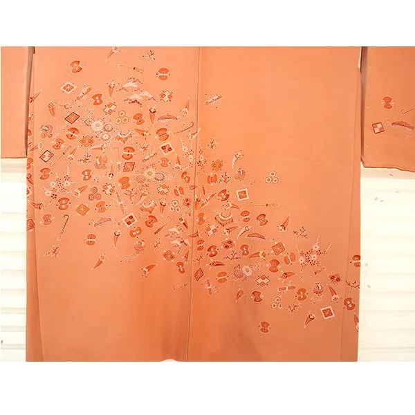 Vintage Haori Kimono Jacket Silk, Dusty Pink base, Lucky Treasure Symbols