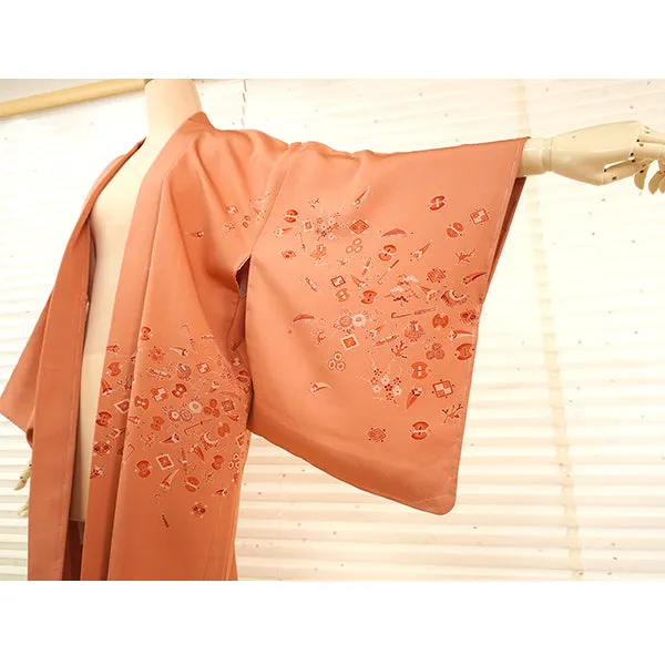 Vintage Haori Kimono Jacket Silk, Dusty Pink base, Lucky Treasure Symbols