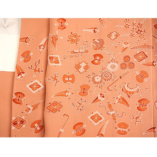 Vintage Haori Kimono Jacket Silk, Dusty Pink base, Lucky Treasure Symbols