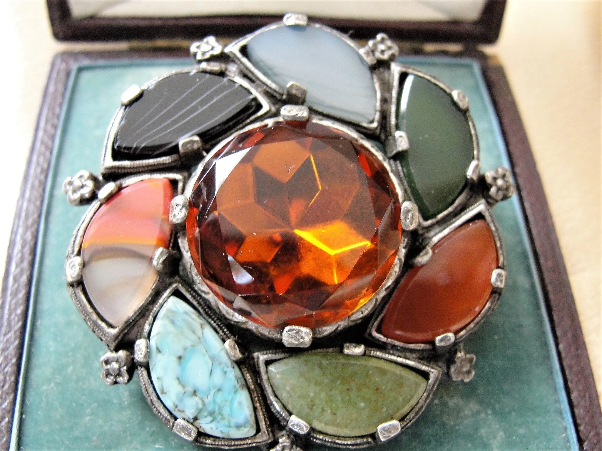 Vintage SCOTTISH Brooch,Large Faceted Cairngorm Stone,Agate Paste Glass Stones,Beautiful Colors,Large Scottish Pin,Antique Scottish Jewelry