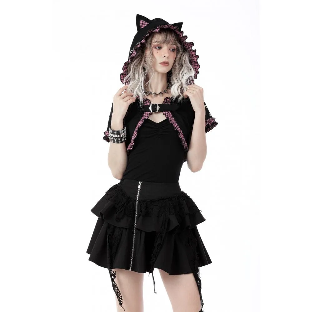 Women's Gothic Lolita Pink Plaid Cape with Cat Ear Hood