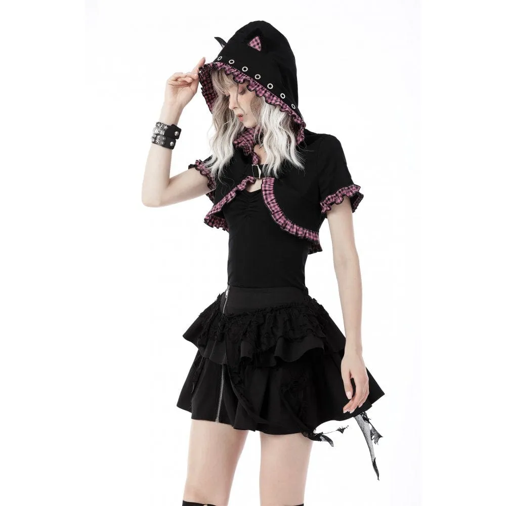 Women's Gothic Lolita Pink Plaid Cape with Cat Ear Hood